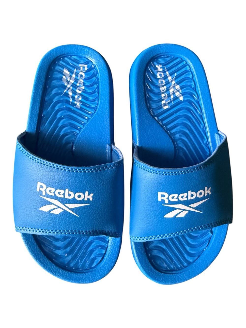 Kids Reebok Bright Blue Slide Sandals with White Logo